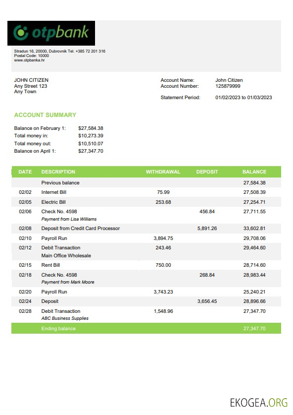 Modèle de relevé bancaire OTP Croatie, format Word et PDF, version 2
